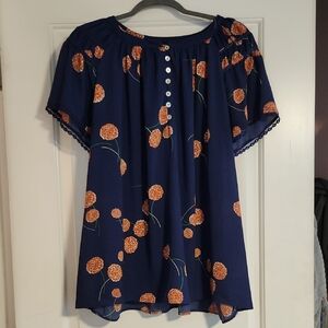 Daniel Rainn Blue and Orange Flutter Sleeve Blouse Relaxed Fit